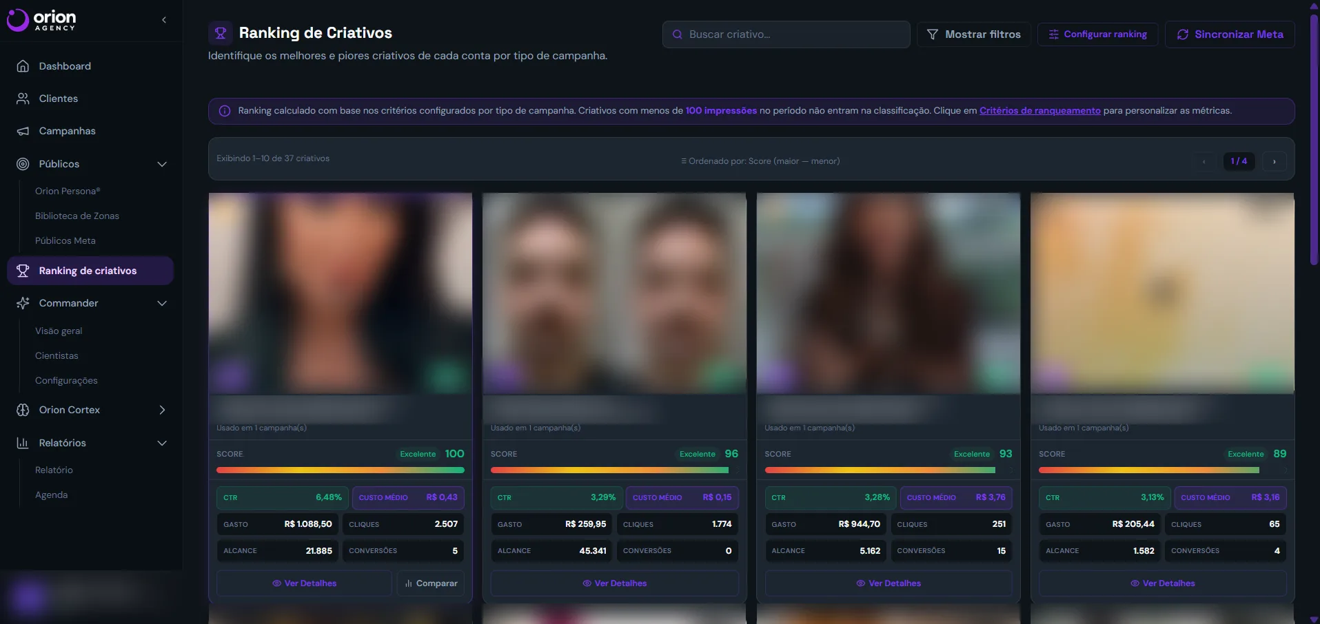 Ranking de criativos do Orion Agency, com score e custo por criativo